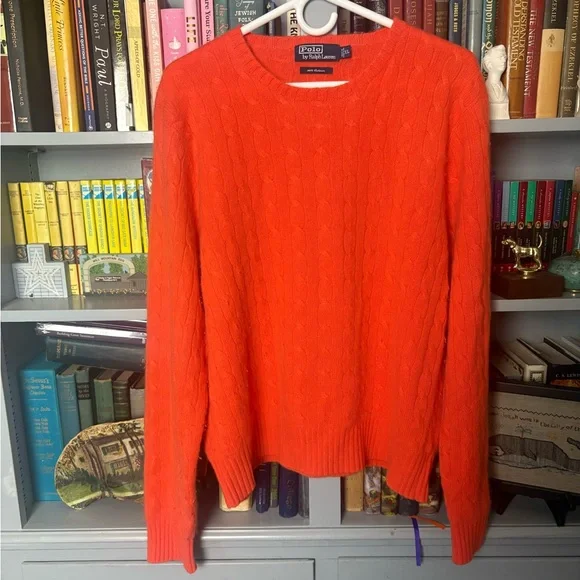Polo Ralph Lauren Orange 100% Cashmere Cable Knit Crewneck Sweater Mens Size XL - Picture 1 of 6